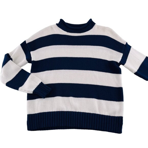 Crown & Ivy XL Navy Blue & White Striped Sweater Mock Neck Pullover - Picture 1 of 5